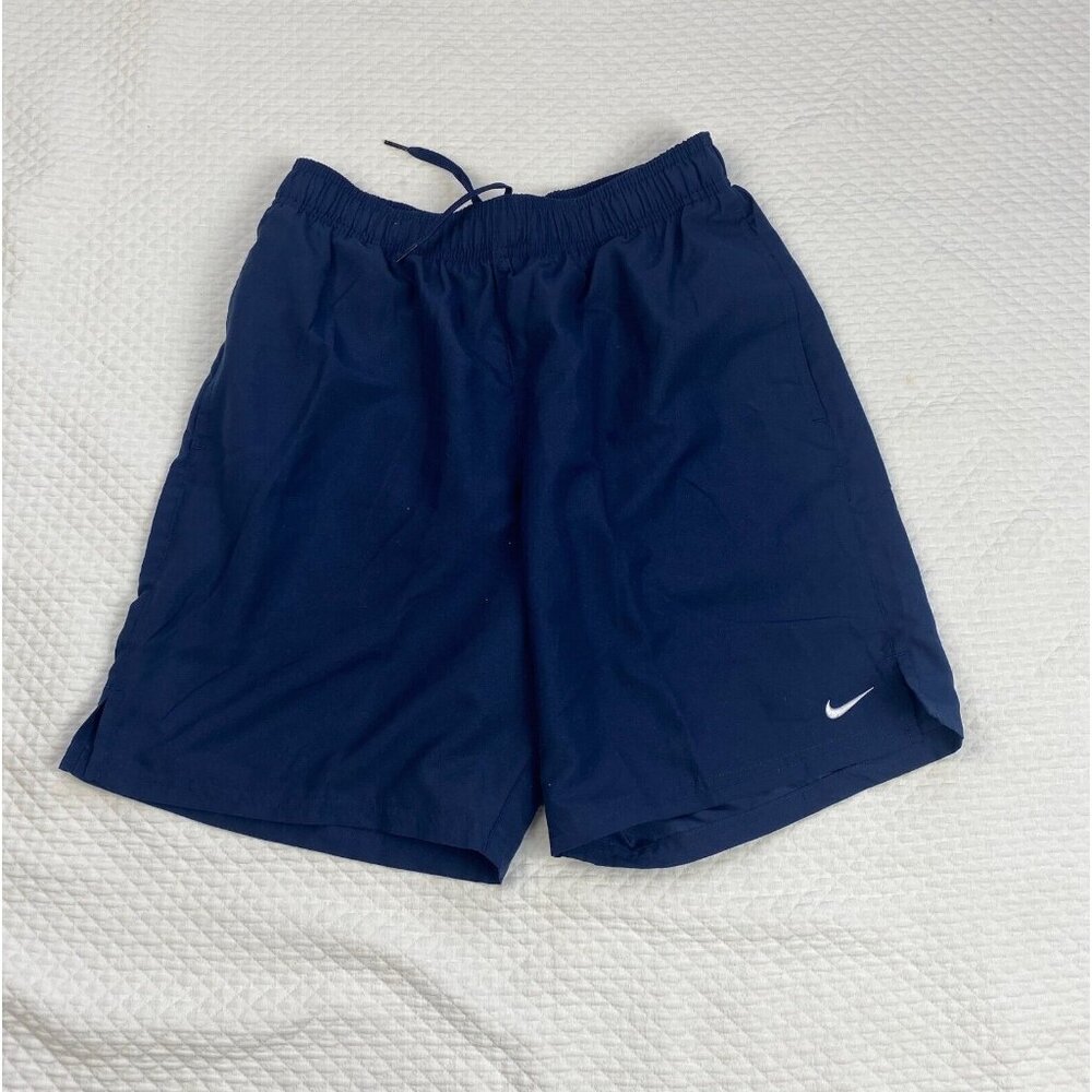 Nike Mens Small Essential Lap 7" Swim Shorts Swoosh Logo Pockets Lined Blue